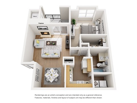 A floor plan of a house with a kitchen, living room, and two bedrooms.